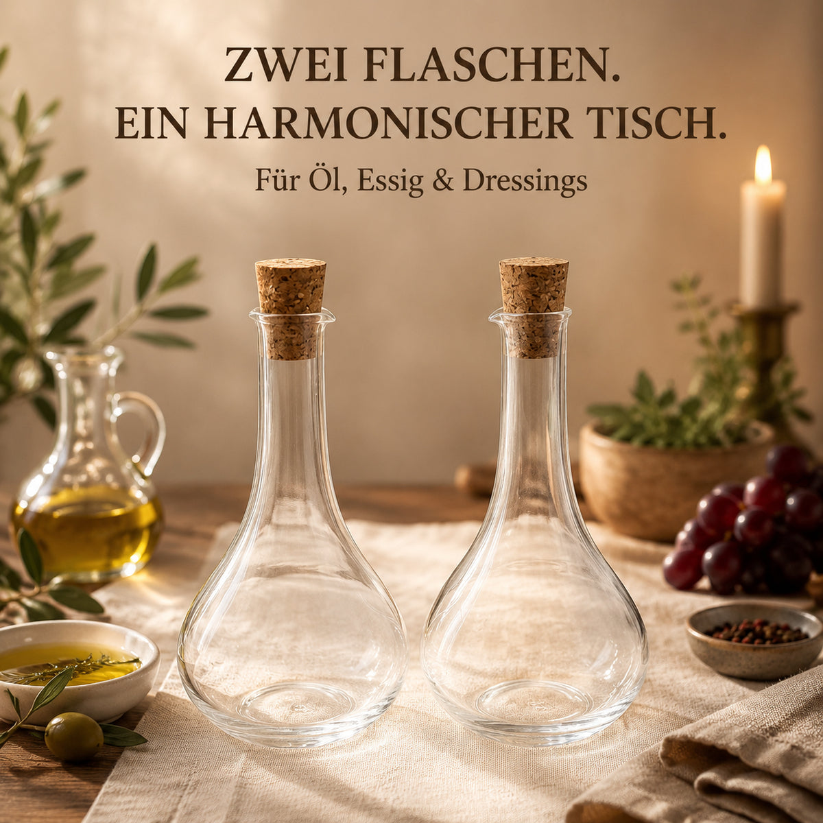 Zwei Glasflaschen für Öl, Essig und Dressings
