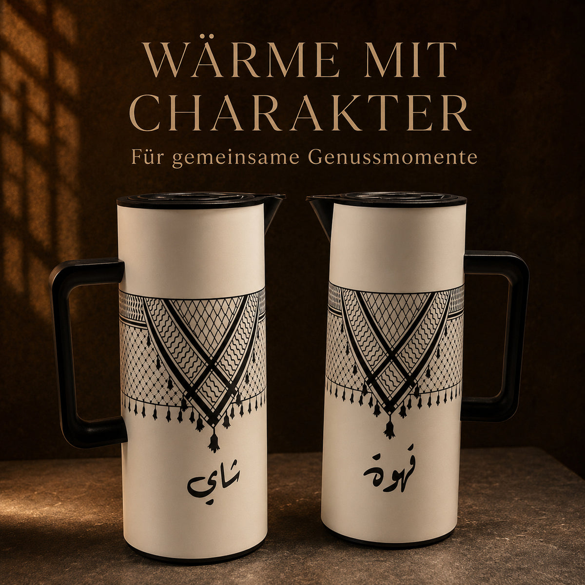 Thermoskanne mit Kufiya-Muster in warmem Ambiente