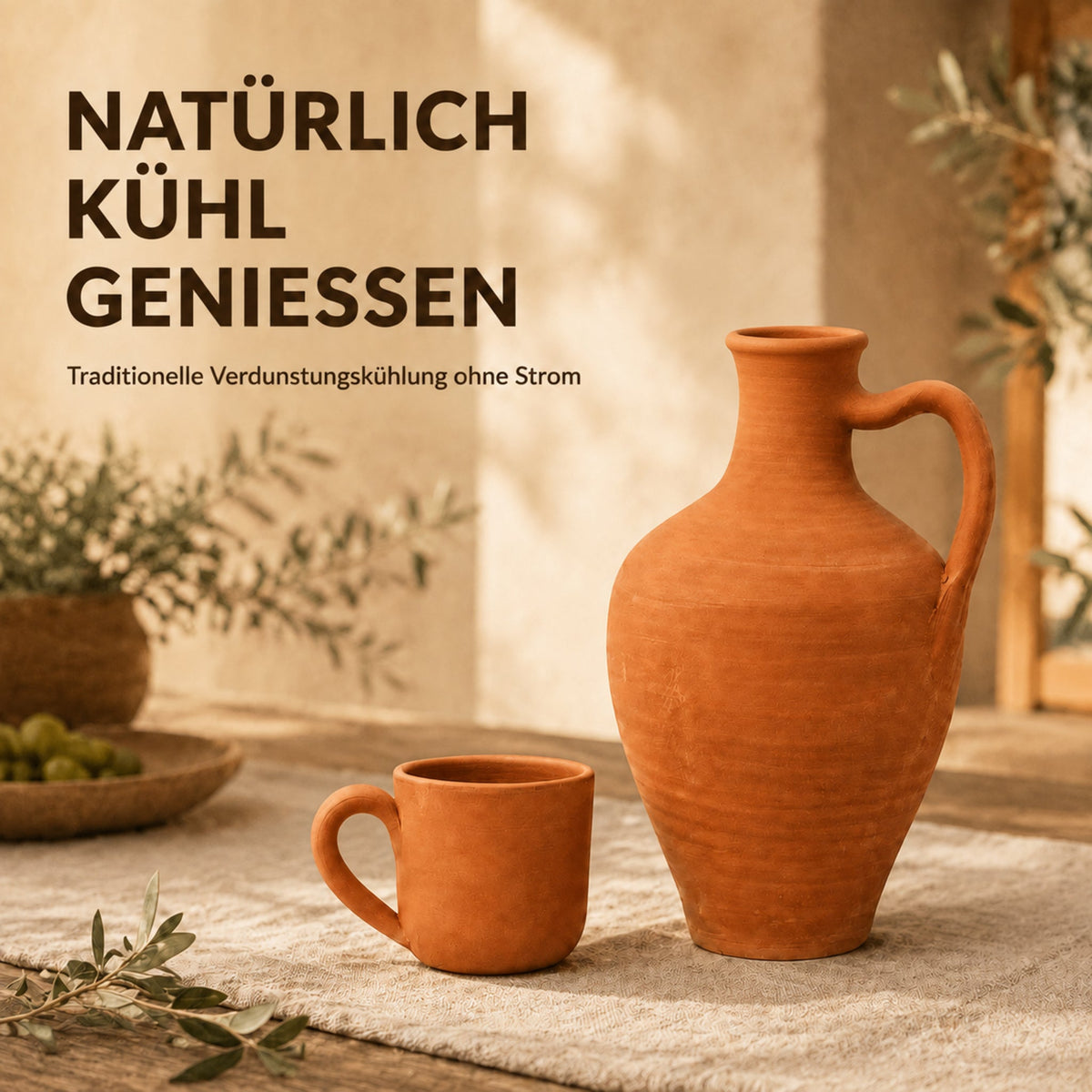 Zweiteiliges Terrakotta-Set aus Tonkrug und einem Becher – natürlich kühl genießen