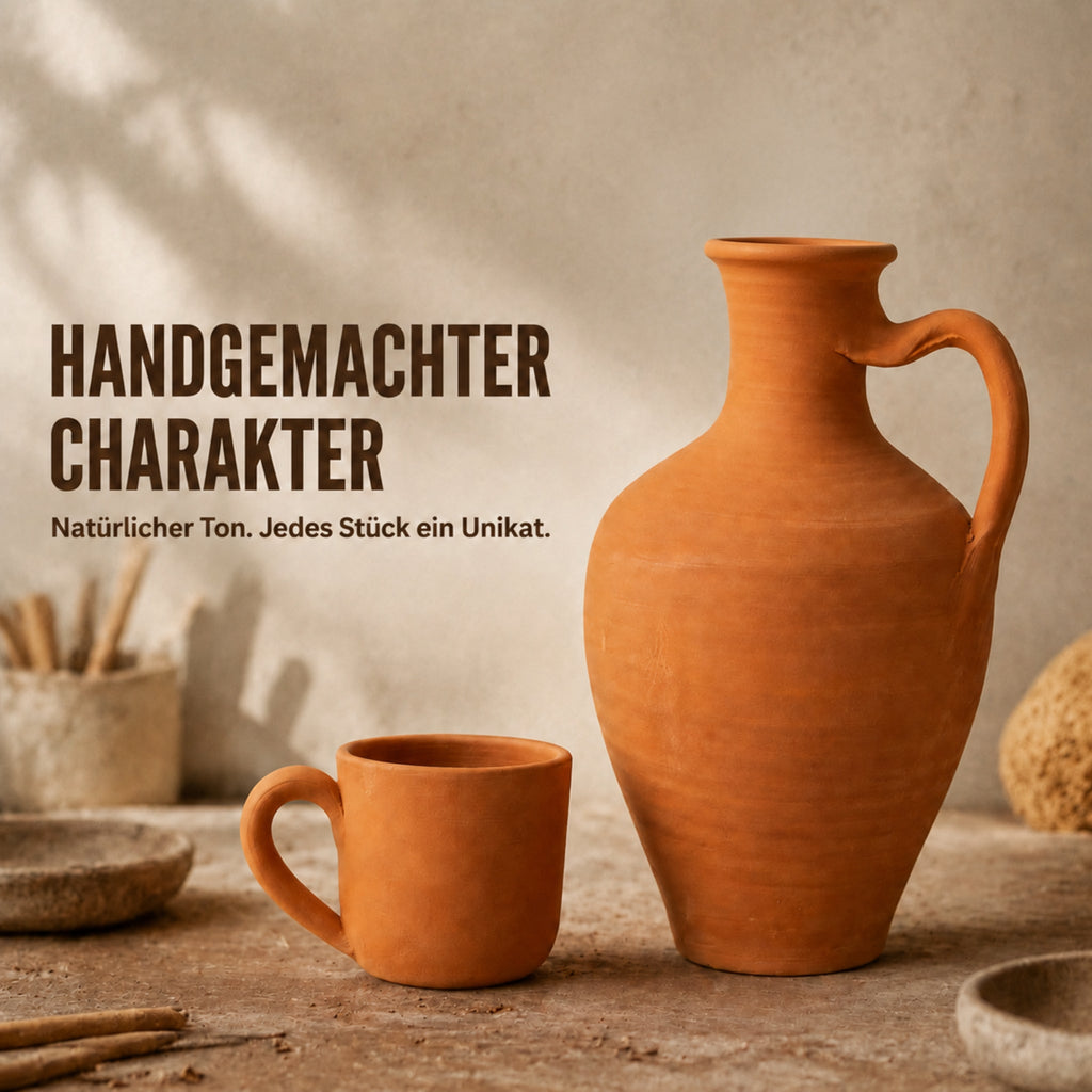 Handgemachtes zweiteiliges Terrakotta-Set aus einem Krug und einem Becher
