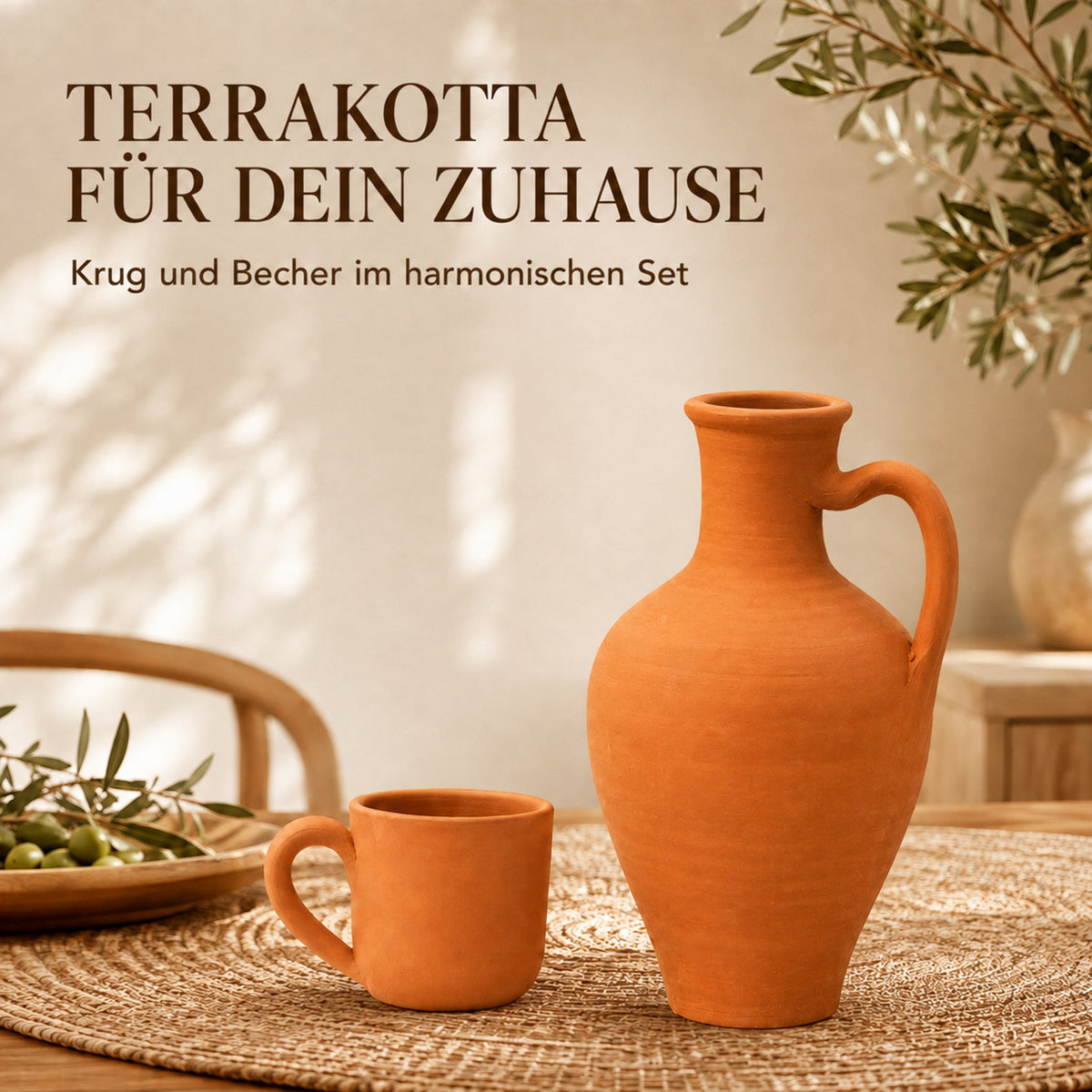 Terrakotta-Krug und ein Becher im harmonischen zweiteiligen Set für Zuhause
