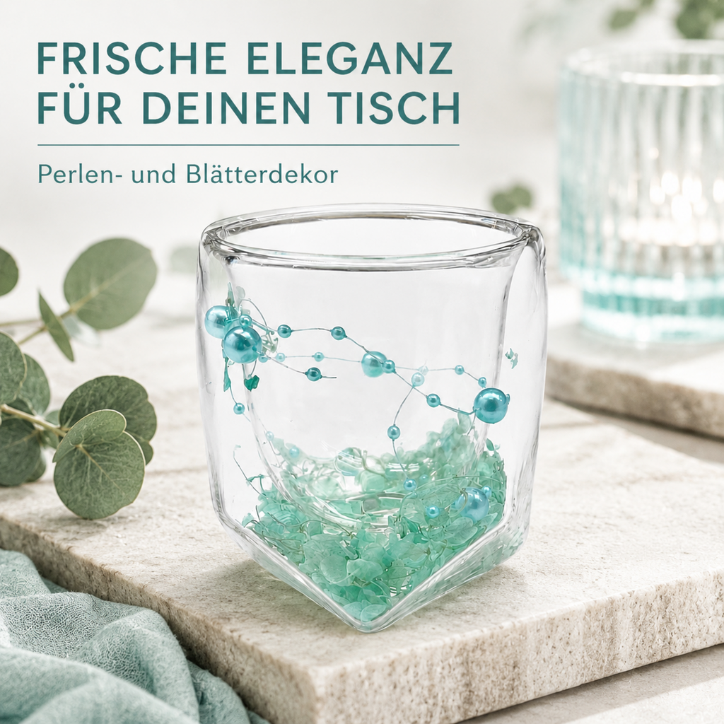 Türkis Dekoglas – Perlen- und Blätterdekor